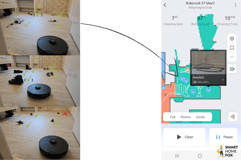 Die Testergebnisse des Roborock S7 MaxV Ultra beim Hindernisparcour werden übersichtlich dargestellt